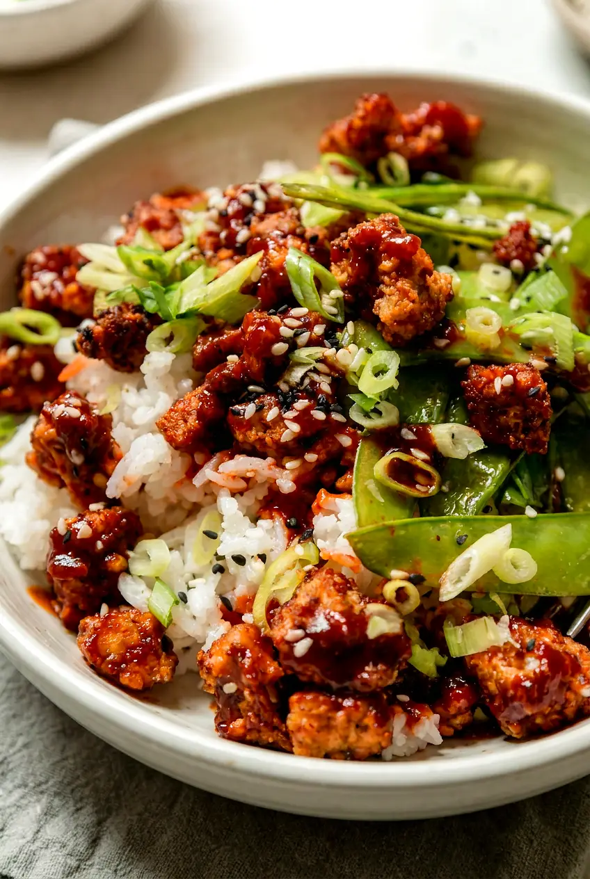 Close-up of air fryer tempeh over rice with glossy gochujang glaze, blistered snow peas, and sesame seeds