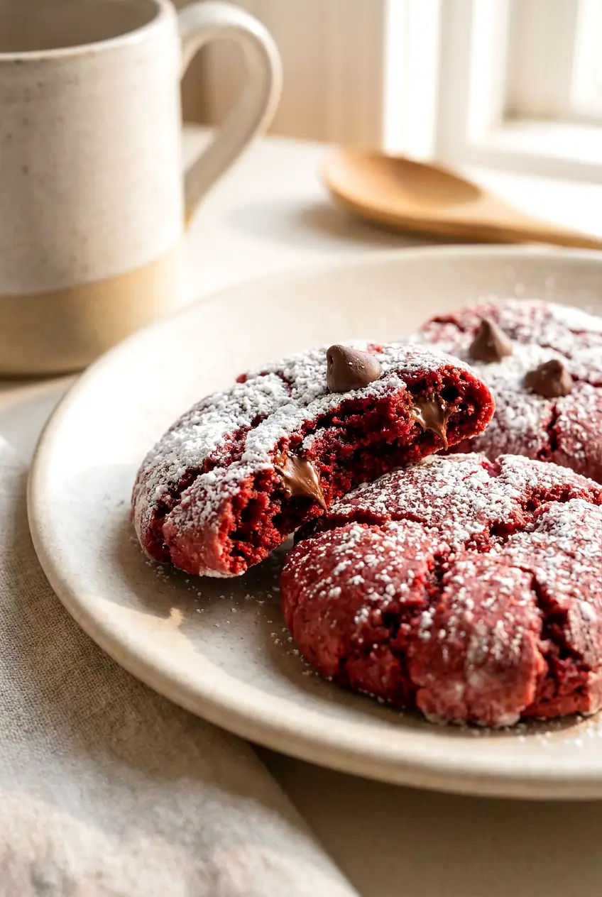 Close-up of Air Fryer red velvet cake mix cookies with soft centers and chocolate chips