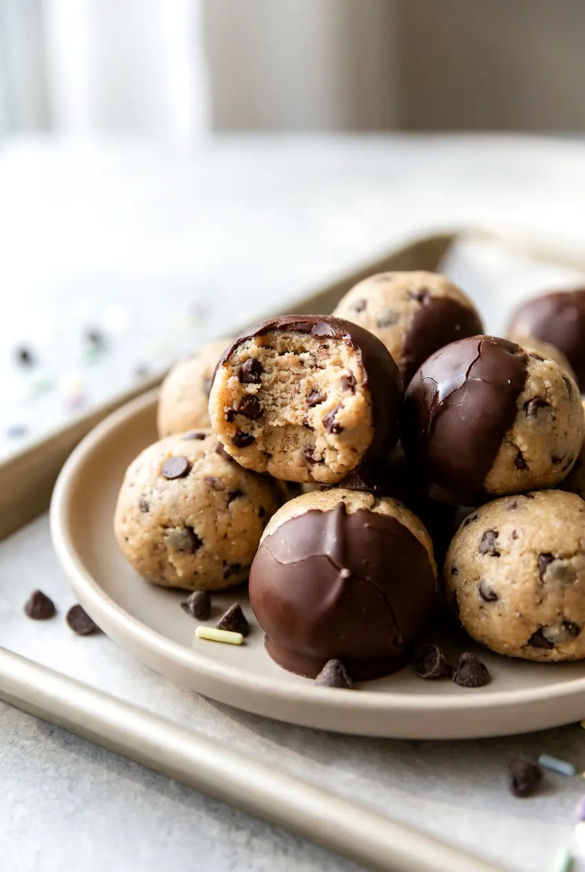 Close-up of air fryer cookie dough bites showing the soft dough texture and chocolate chip-studded surface
