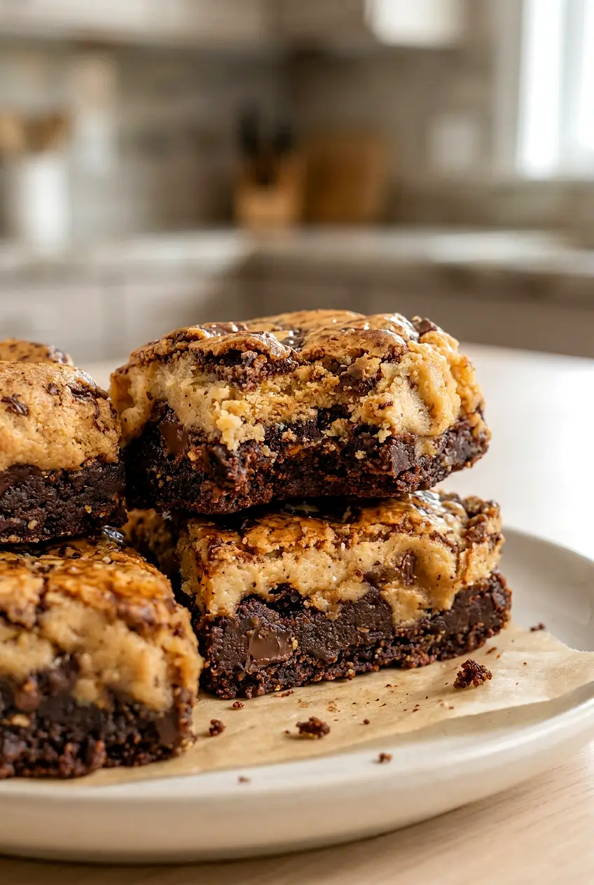 Close-up of air fryer brookies showing the brownie layer and chewy peanut butter cookie top