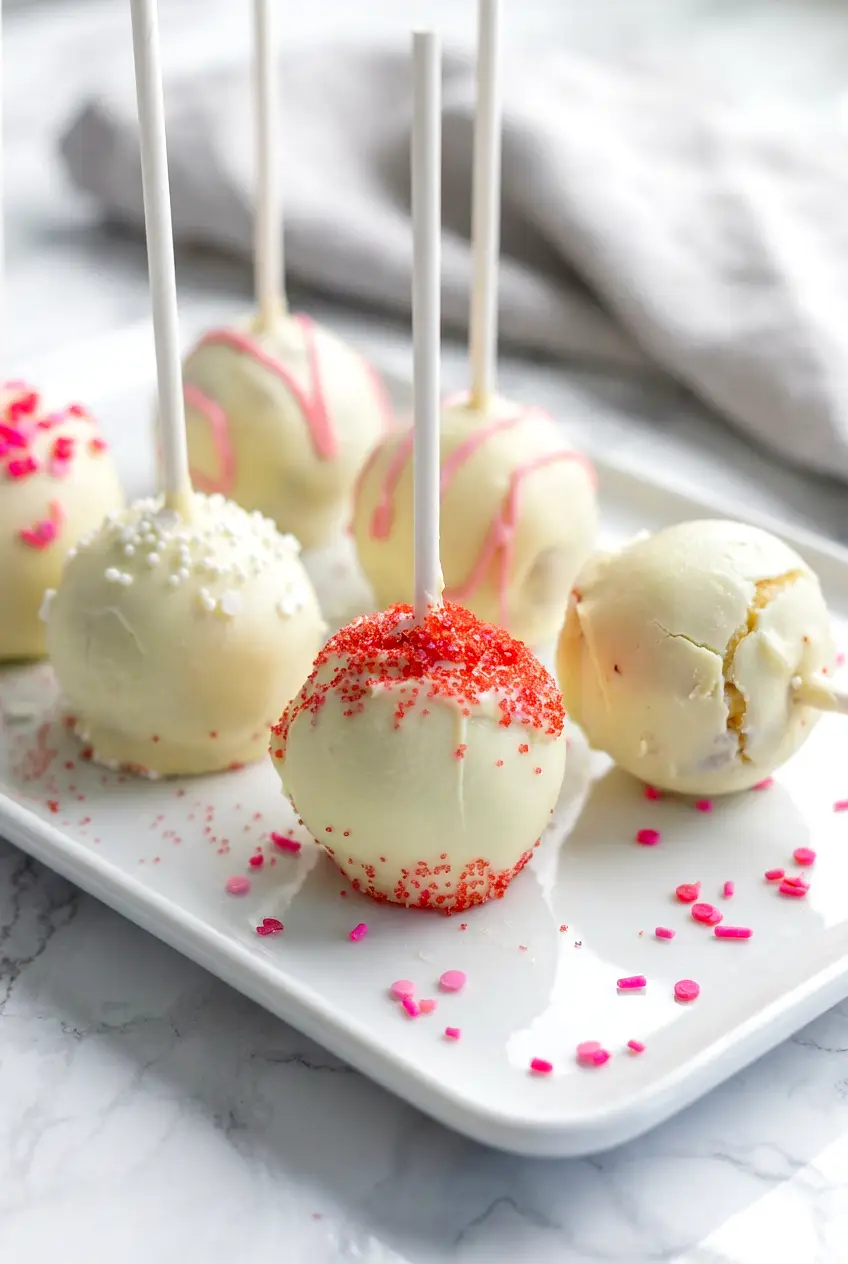 Close-up of Air fryer mini cake pops showing the smooth candy coating and sprinkles