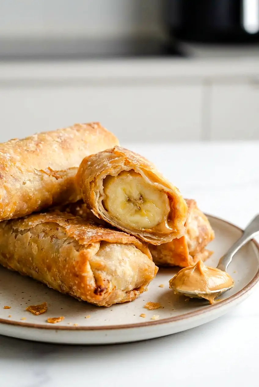 Close-up of air fryer peanut butter banana egg rolls showing the crisp wrapper and warm banana-peanut butter filling