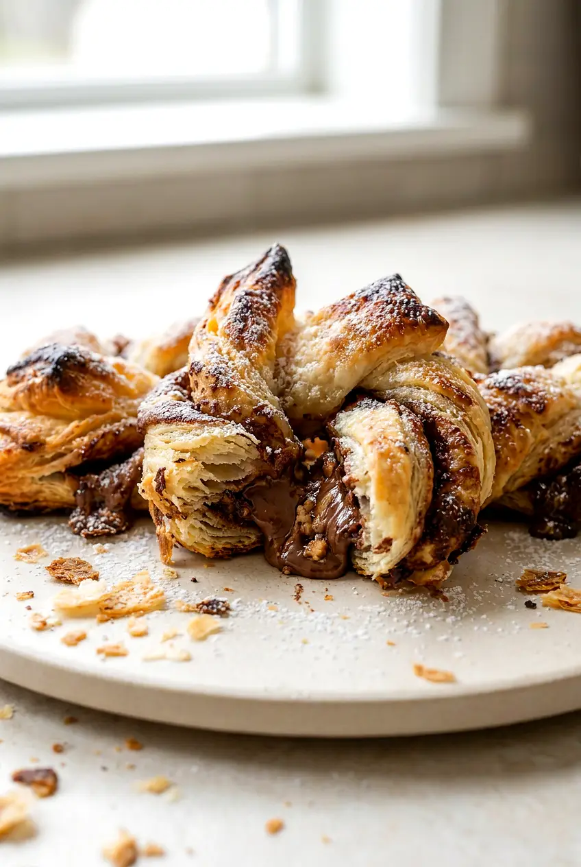 Close-up of an air fryer chocolate pastry knot showing the flaky layers and chocolate filling