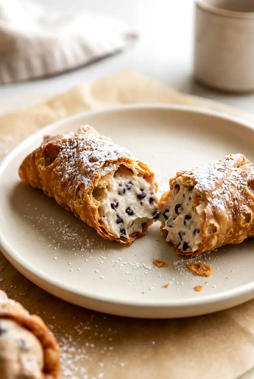 Close-up of air fryer cannoli showing the crisp shell and creamy ricotta filling with mini chocolate chips