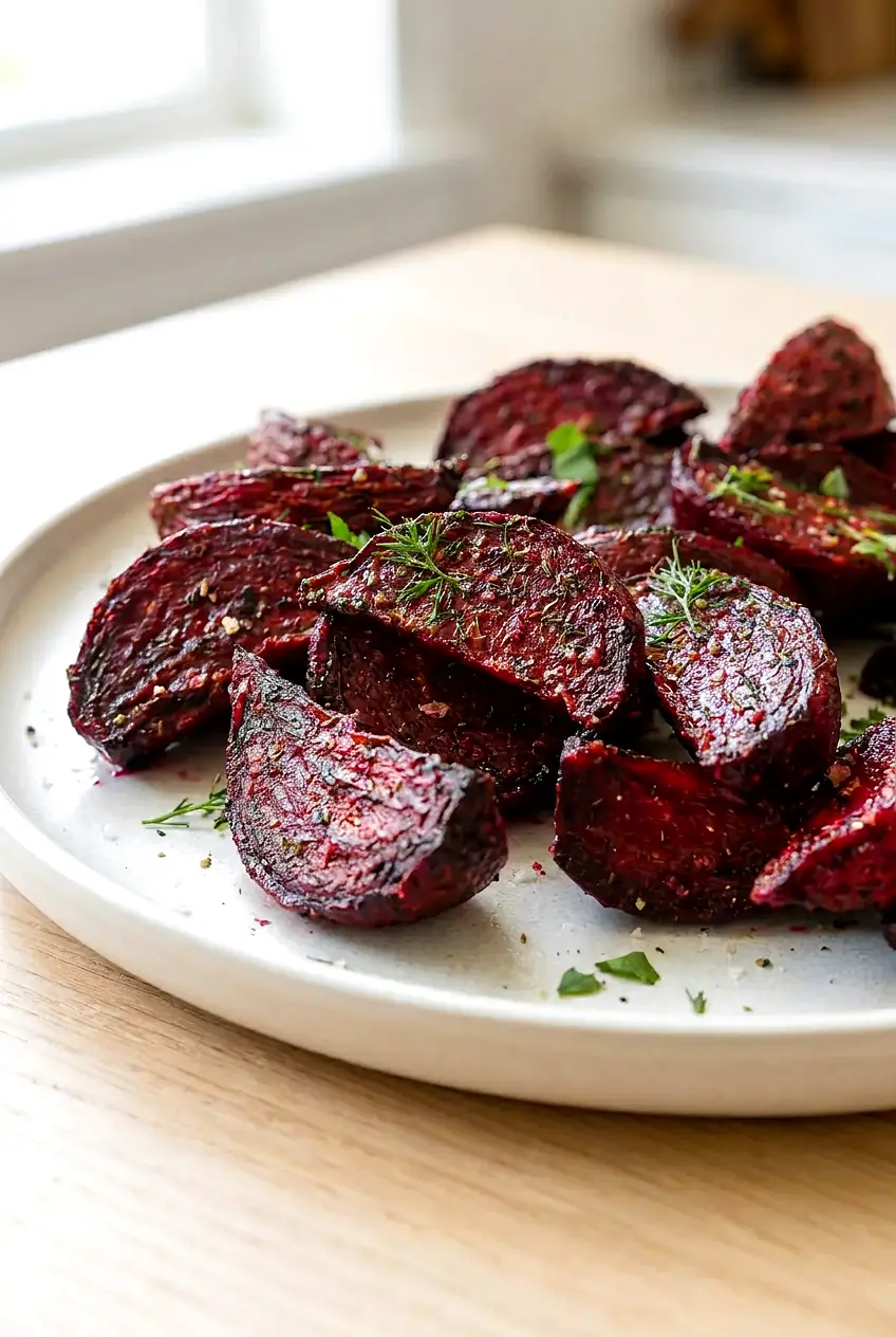 Close-up of air fryer beets showing tender centers and lightly crisp edges