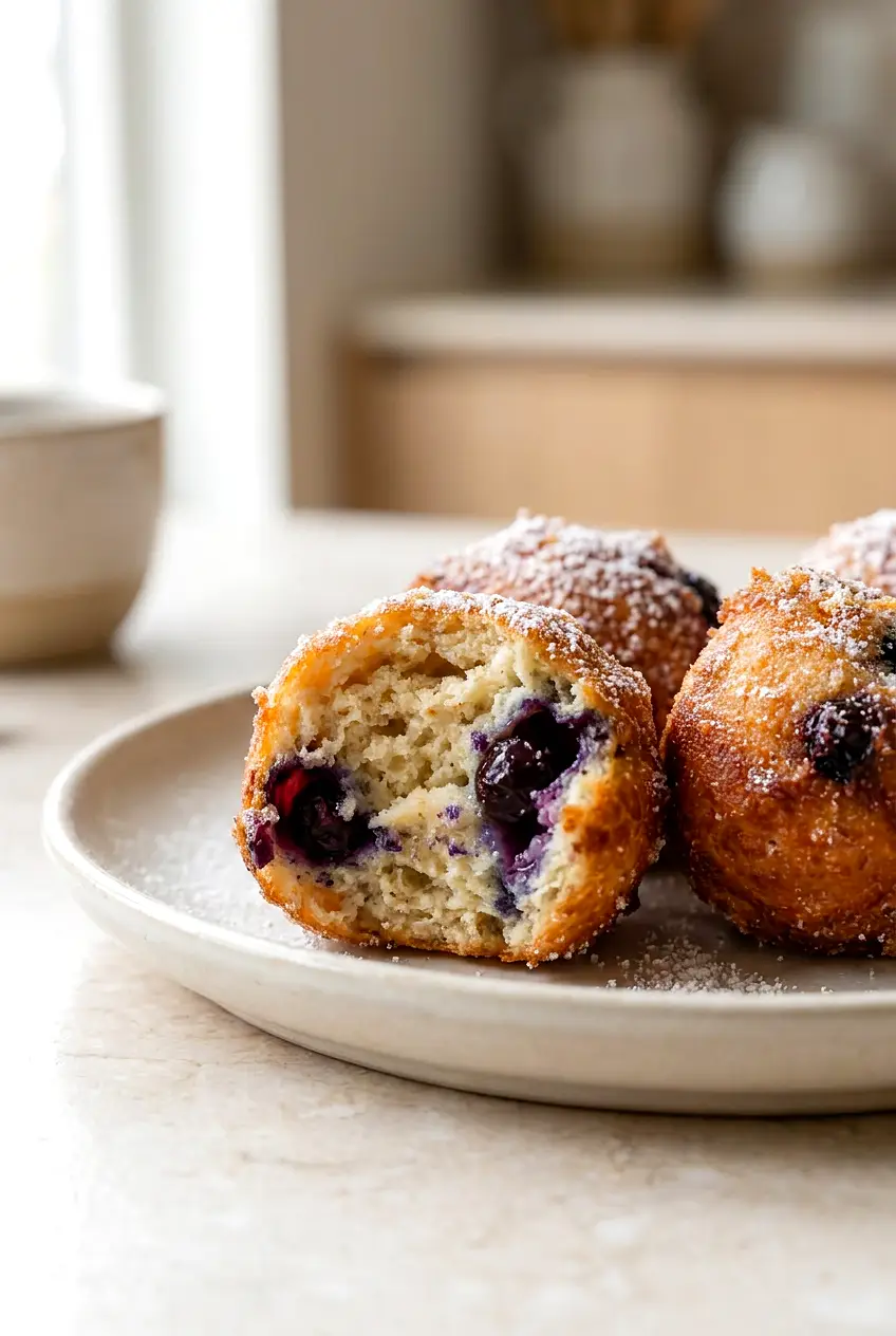 Cut-open blueberry cottage cheese donut hole showing a tender center and blueberry pieces